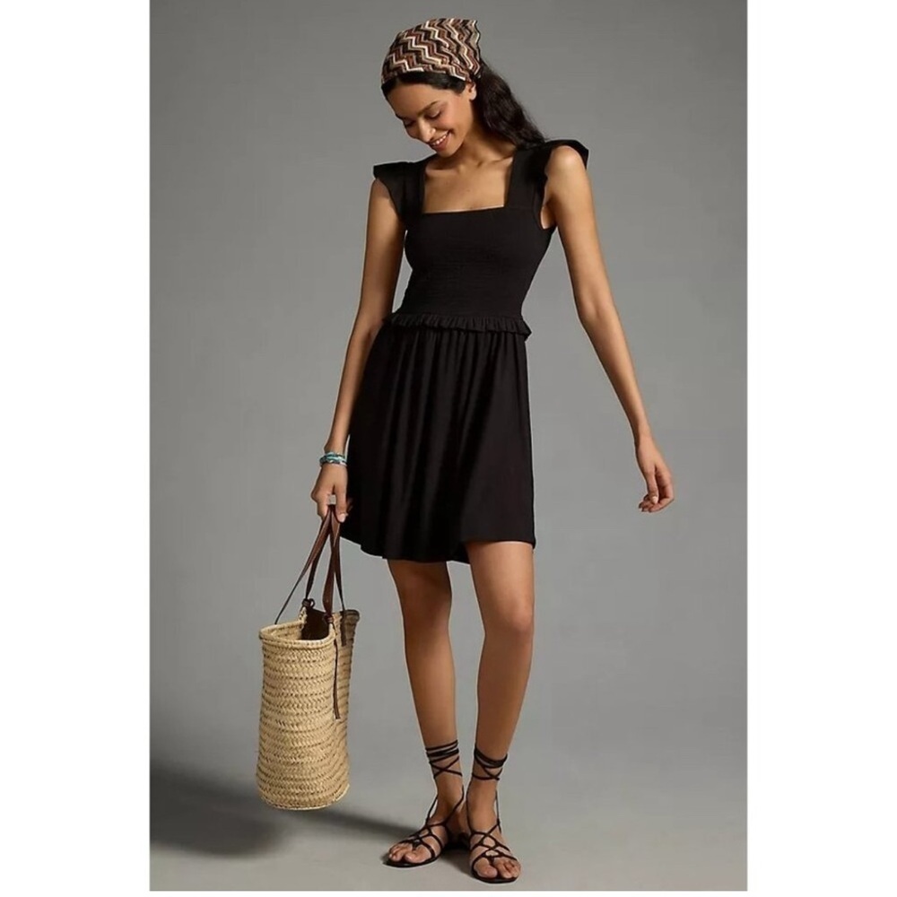 Nation LTD Ginger Smocked Mini Dress in Black Sz. Small 100% Pima Cotton